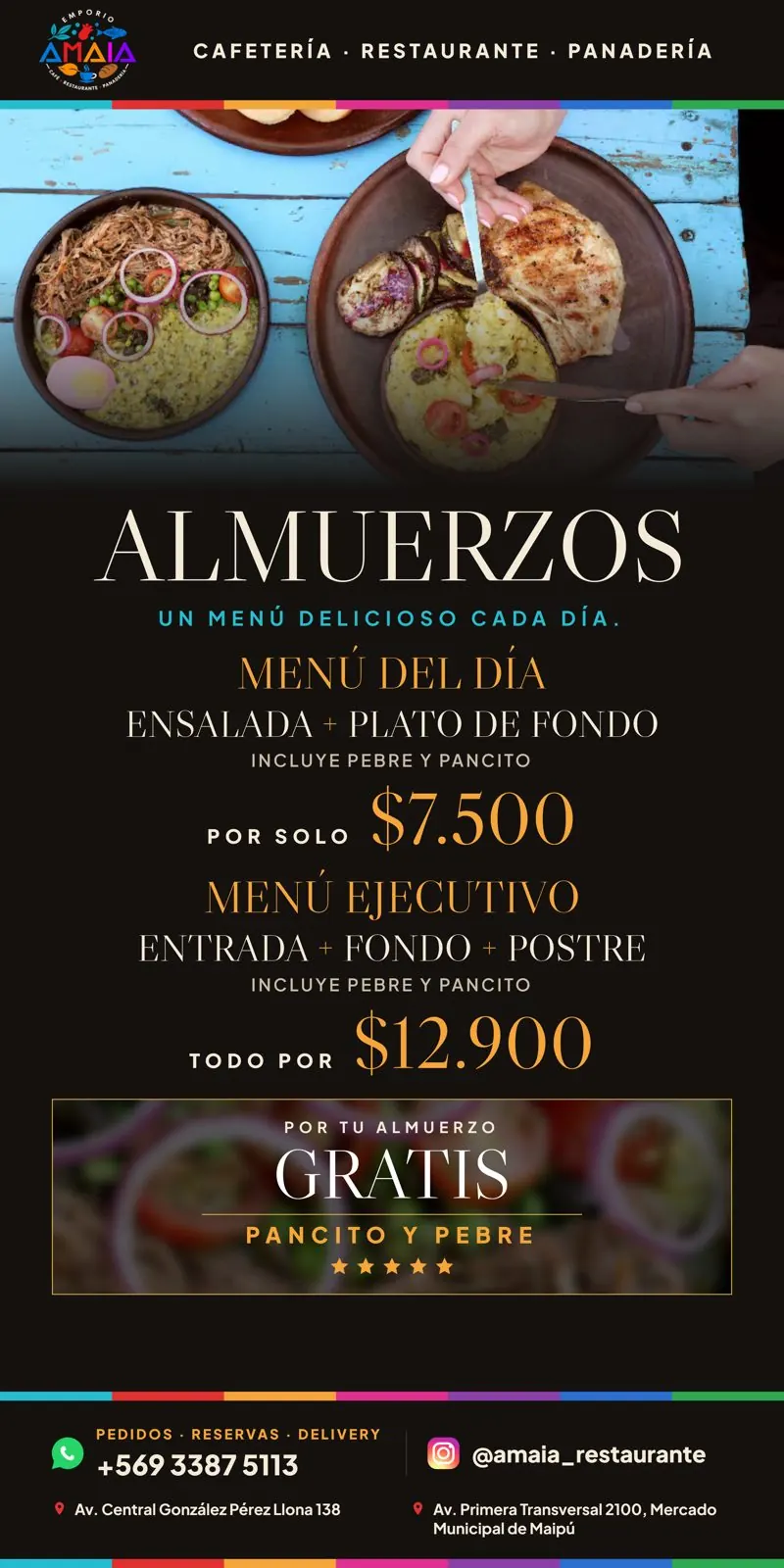 Emporio Amaia · Letrero 60×120 · Almuerzo con pancito y pebre gratis